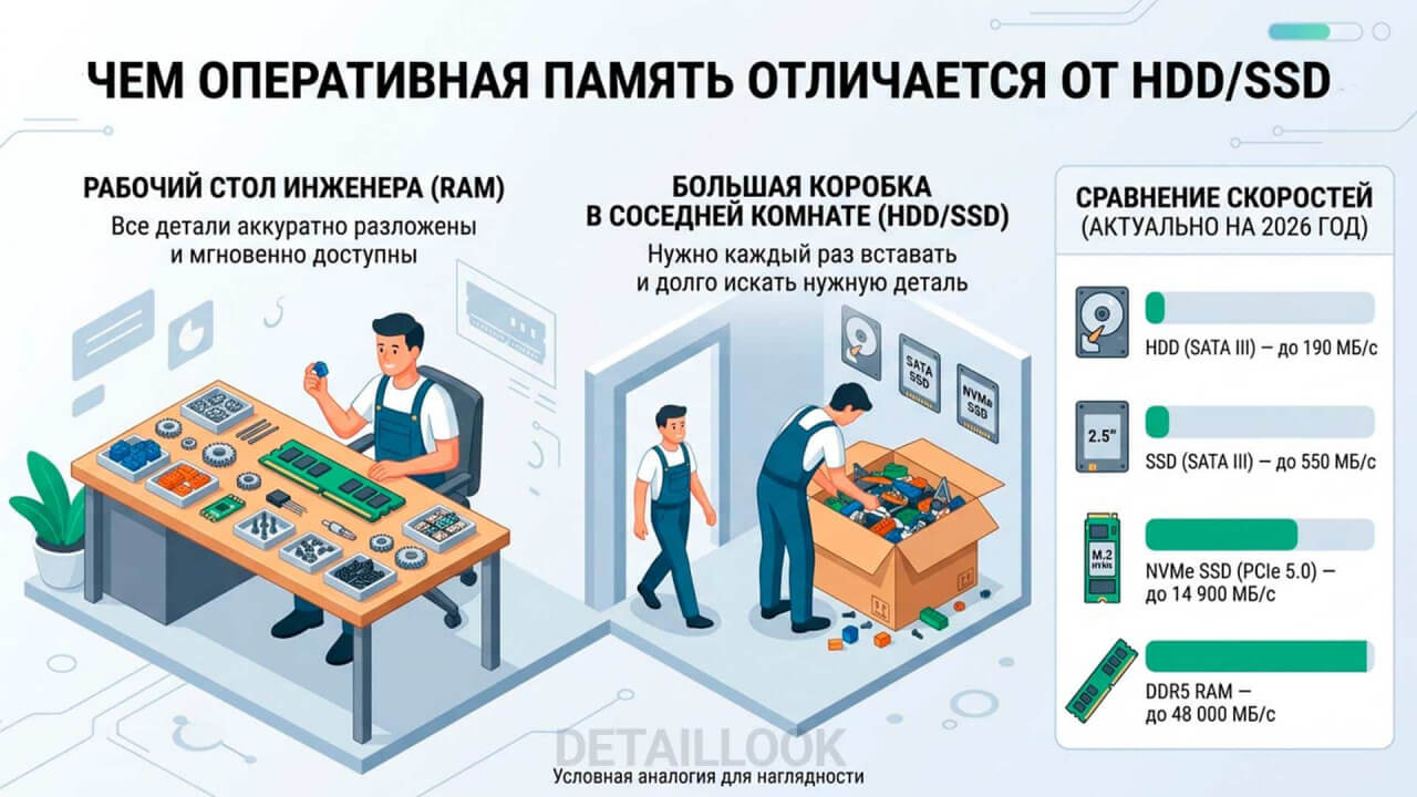 Чем оперативная память (RAM) отличается от жесткого диска (HDD/SSD): кто быстрее? Сравнение скорости доступа.